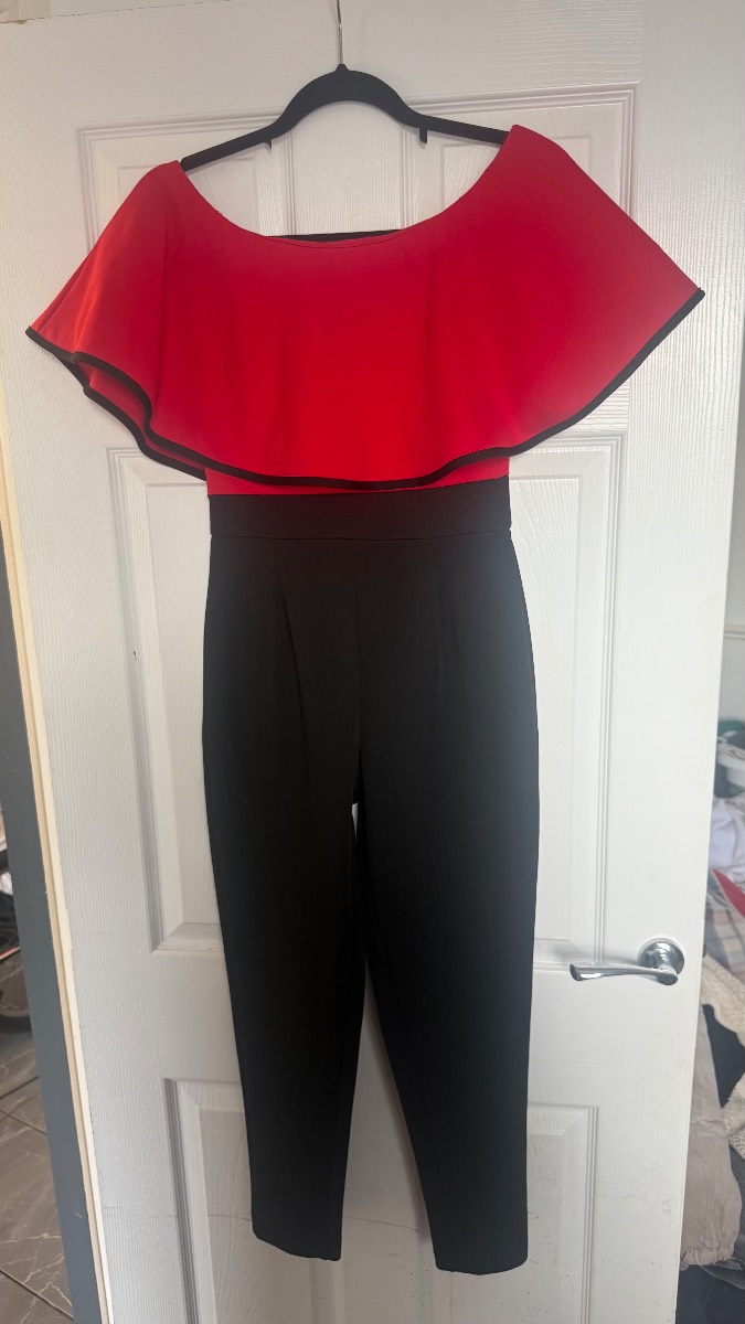 Quiz Red & Black Bardot Frill Jumpsuit UK 8