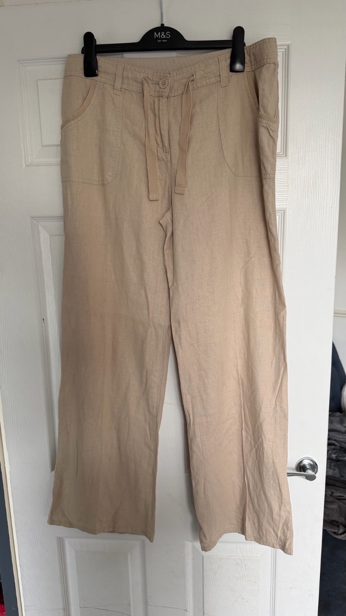 F&F Beige Linen Blend Wide Leg Trousers UK 14