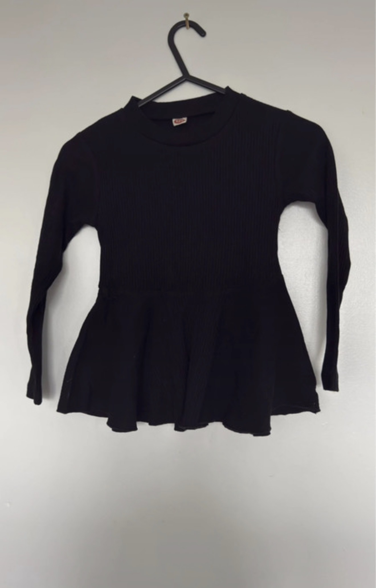 Shein Girls Black Peplum Top 120cm 6–7 Years– Long Sleeve Ribbed Stretch Top