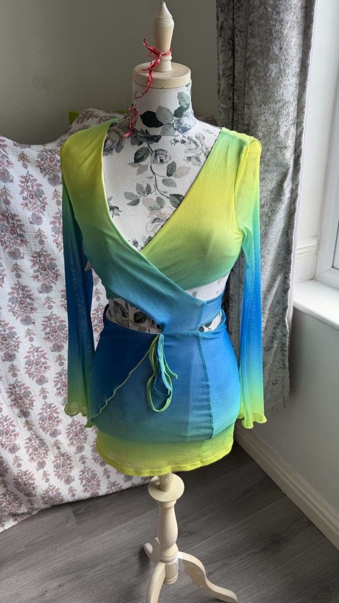 SHEIN Blue Green Ombre Mesh Cut Out Mini Dress XS