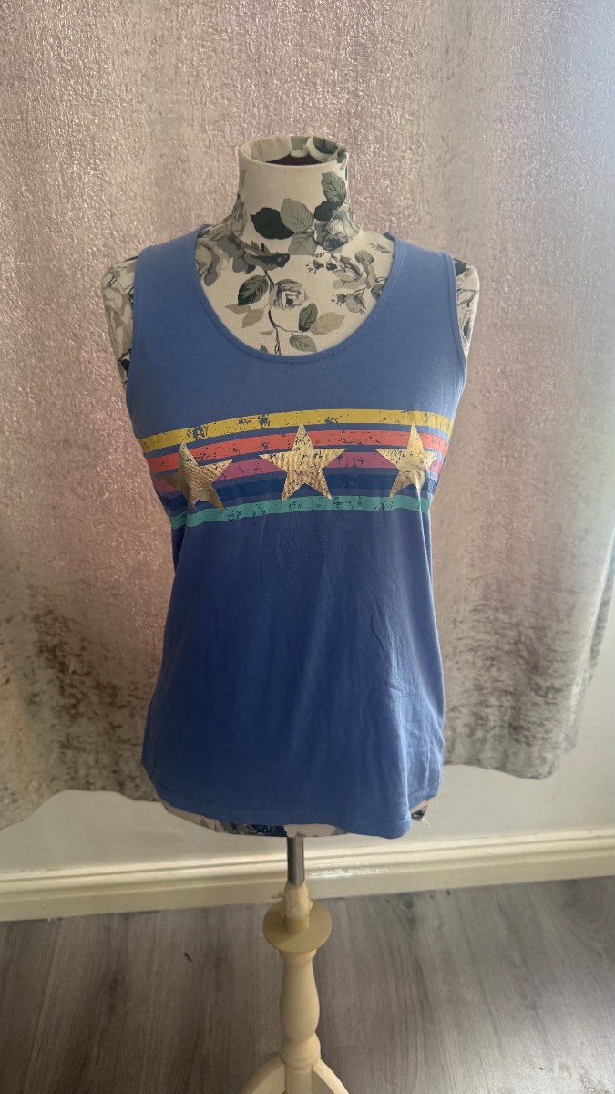 TU Blue Rainbow Stripe Gold Star Vest Top UK 8