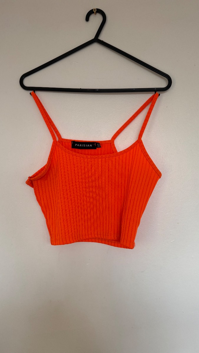 Parisian Neon Orange Ribbed Crop Top UK 8 Strappy Cami Festival Summer Y2K