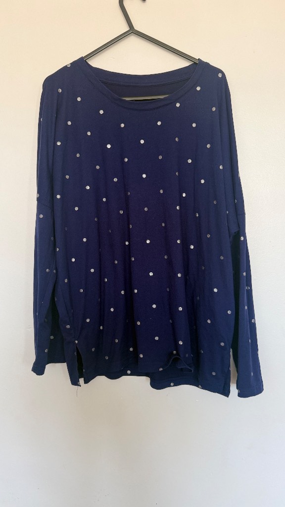 Peacocks Navy Silver Polka Dot Top Size 14/16 Long Sleeve Soft Stretch Casual