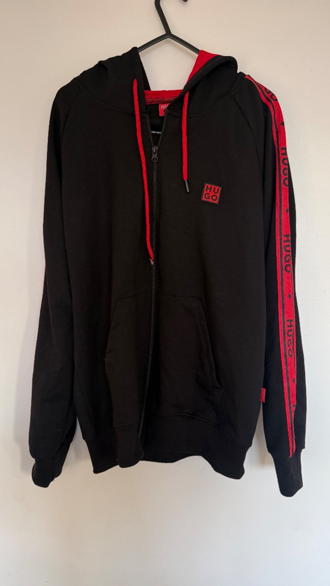 HUGO Mens Black Red Zip Hoodie Large Full Zip Hooded Sweatshirt Logo Tape L