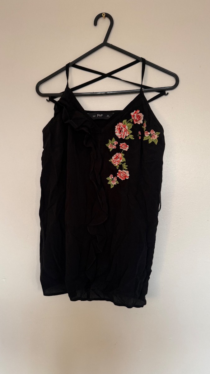 F&F Black Floral Embroidered Ruffle Cami Top UK 8
