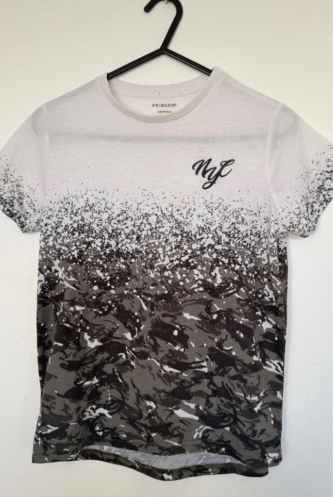 Primark Boys T-Shirt 8–9 Years | Grey Black Splatter Print | Play Wear