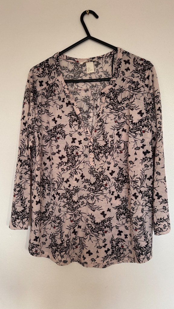 H&M Floral Blouse Size M Pink Black Butterfly Print Long Sleeve Casual Top