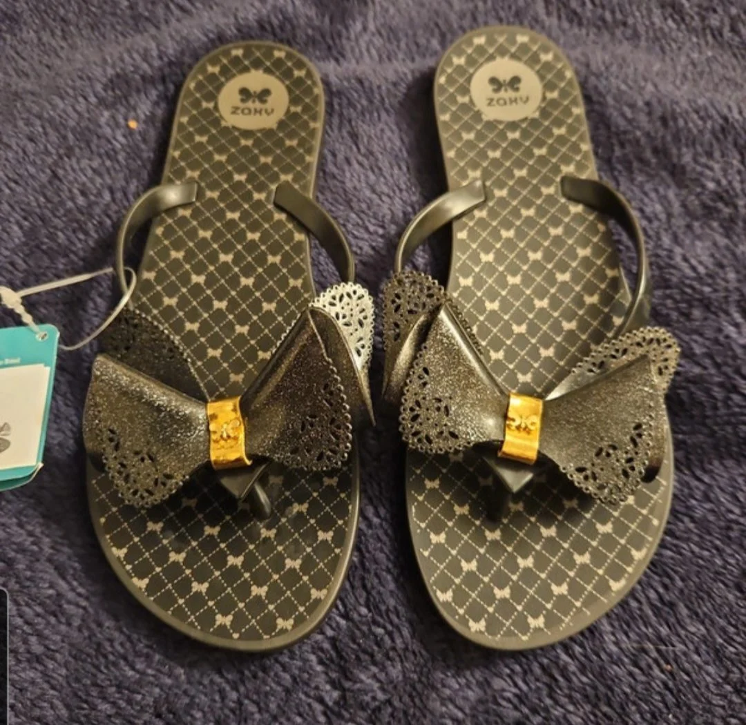Zaxy black glitter flip flops size 6 bnwt