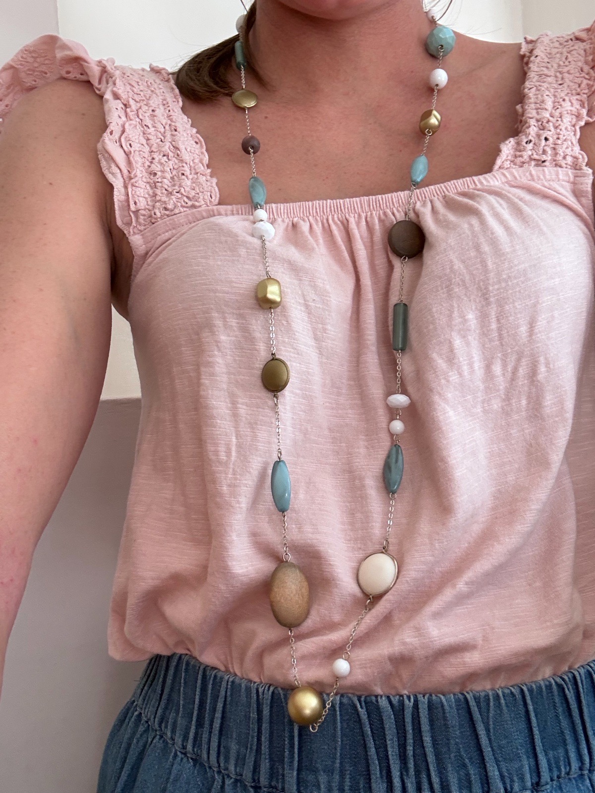 Beaded necklace long length retro cute quirky wood plastic glass