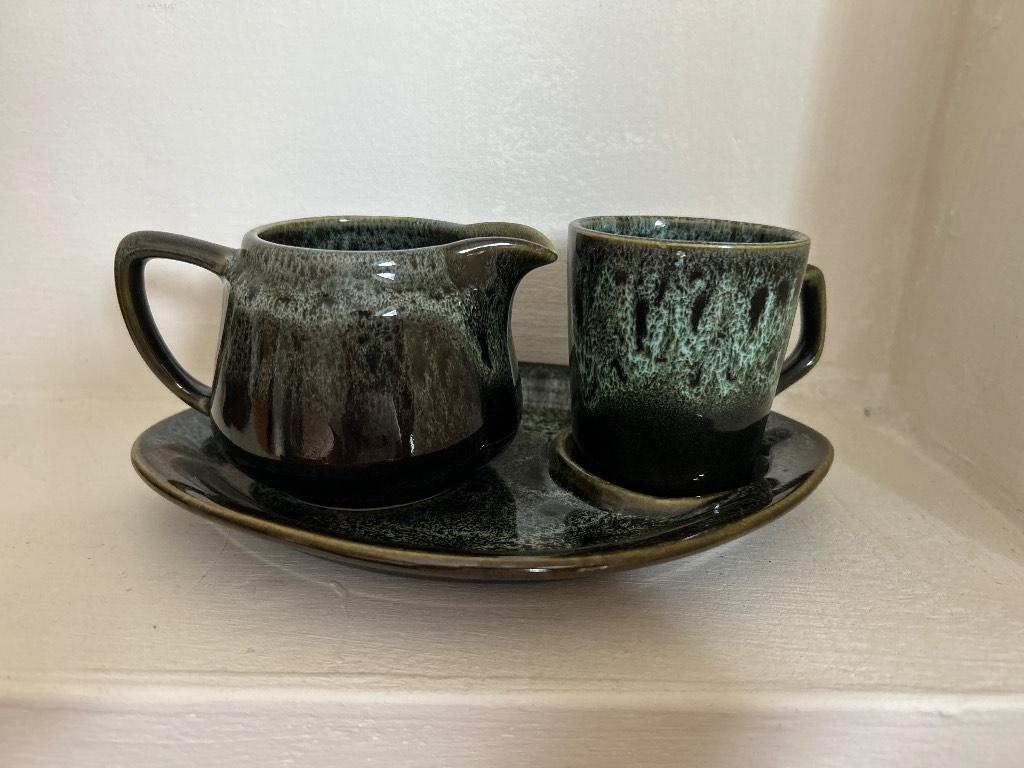 Fosters pottery Cornwall green drip glaze tea set