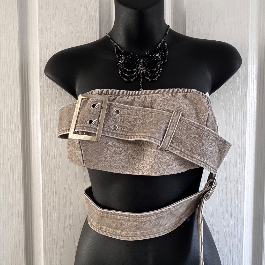 PrettyLittleThing Y2K Faux Leather Belted Tube Top | Grey Grunge Crop UK 10