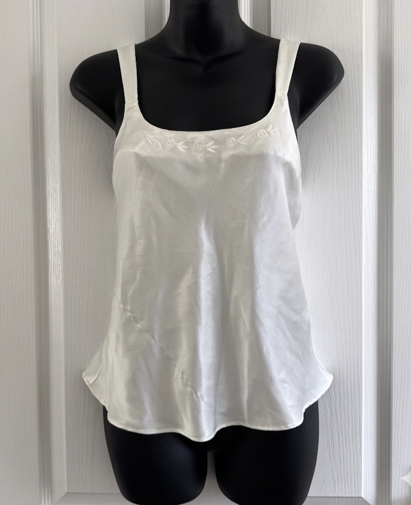 Vintage Y2K BHS Ivory Satin Cami Top with Embroidered Rose Details - Size 12