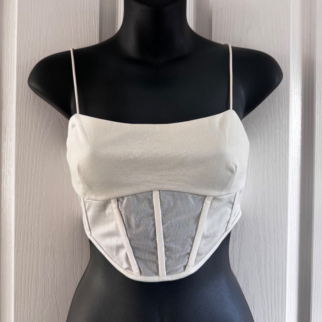 Rumor White Corset Crop Top with Mesh Paneling – Size 10