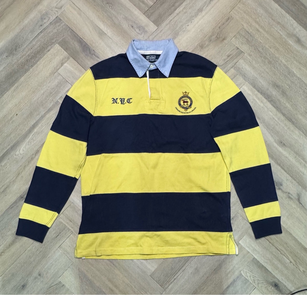 Vintage Polo Ralph Lauren Equestrian Crest Rugby Shirt Striped Yellow Navy Size Large