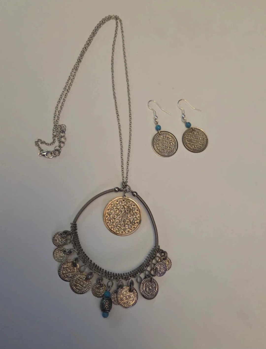 Handmade Silver tone necklace and earring set boho