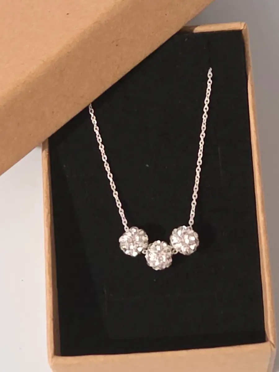 Sterling Silver necklace 925  3 Pave Ball  16–18 Inch Adjustable Chain gift boxed
