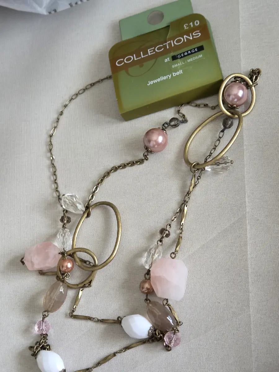 George Jewellery Belt 44" Antique Gold Tone Faux Pearl Pink Stone New RRP £10 christmas gift birth