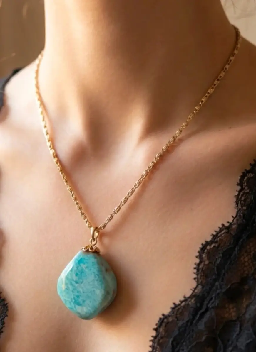 Polished Blue Larimar Style Stone Pendant Necklace 68cm Ornate Byzantine Gold Tone Chain