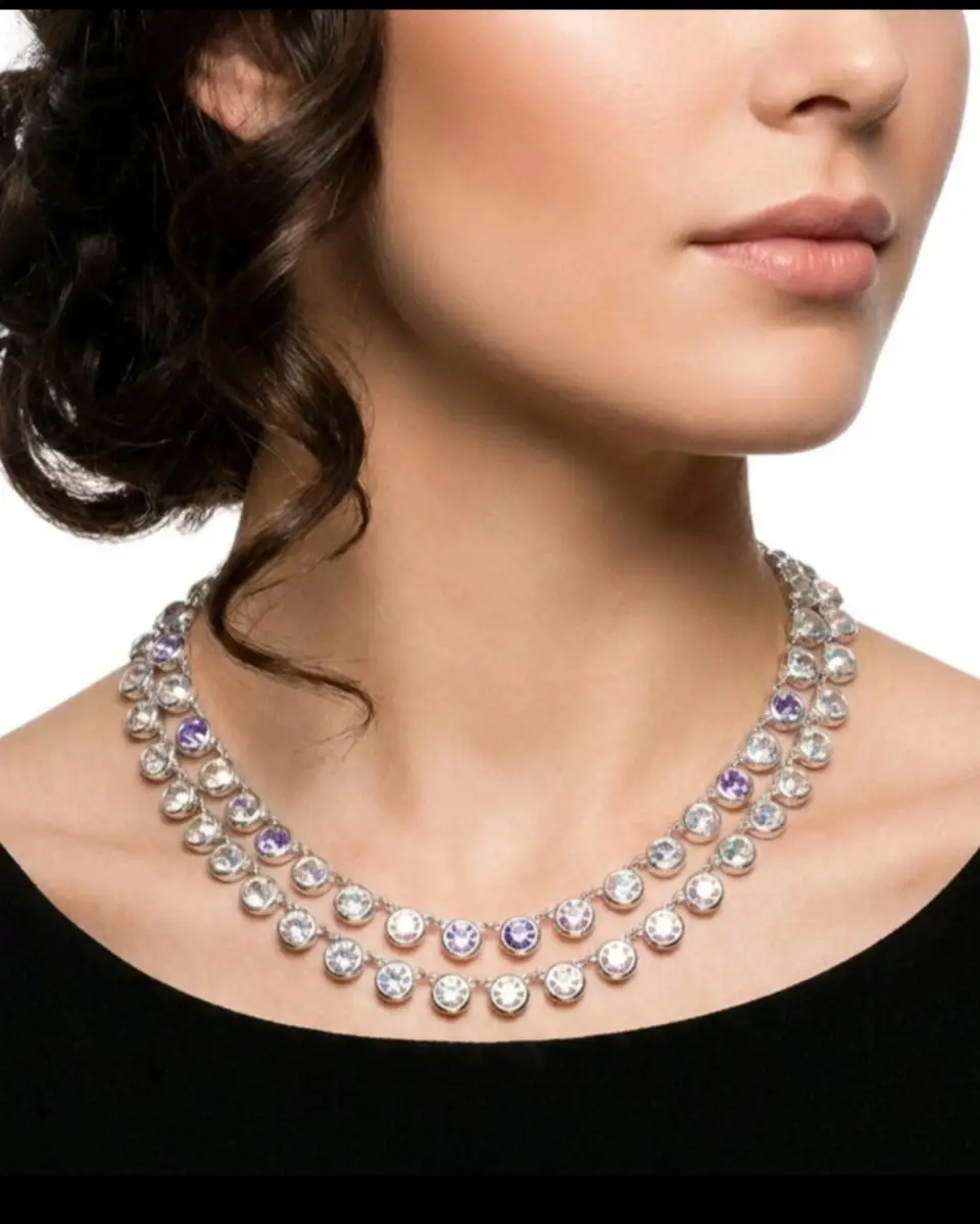 Stunning Aurora Borealis Crystal Double Strand Choker Necklace – Silver Tone – Sparkly Vintage Style