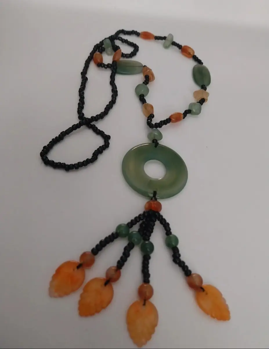 Vintage Green & Orange Glass/Resin Necklace Donut Pendant Leaf Tassel Boho Y2K