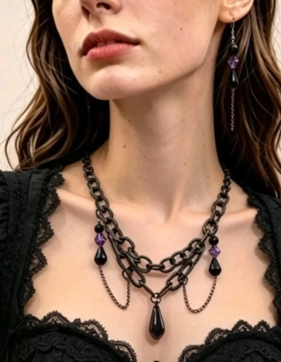 Handmade Gothic Chunky Black Chain Necklace Purple Bead Teardrop Y2K Alt