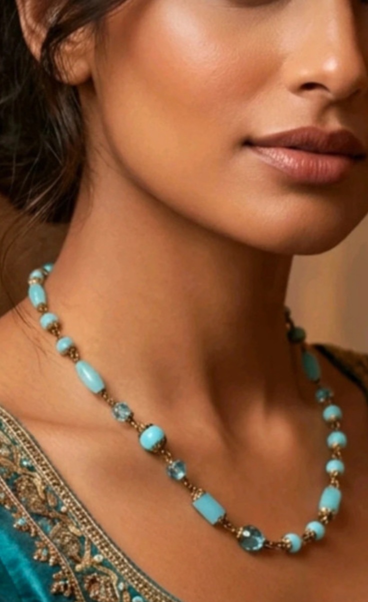 Vintage 1950s–1970s Pale Blue Glass Bead Necklace 40cm Gold Tone Metal Ornate Detail Retro Jewellery
