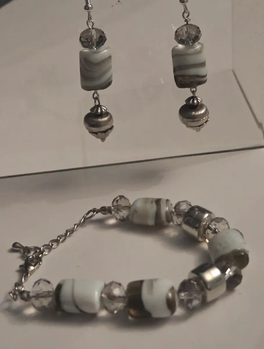 Handmade Monochrome Art lampwork glass bead bracelet with silver earrings gift set