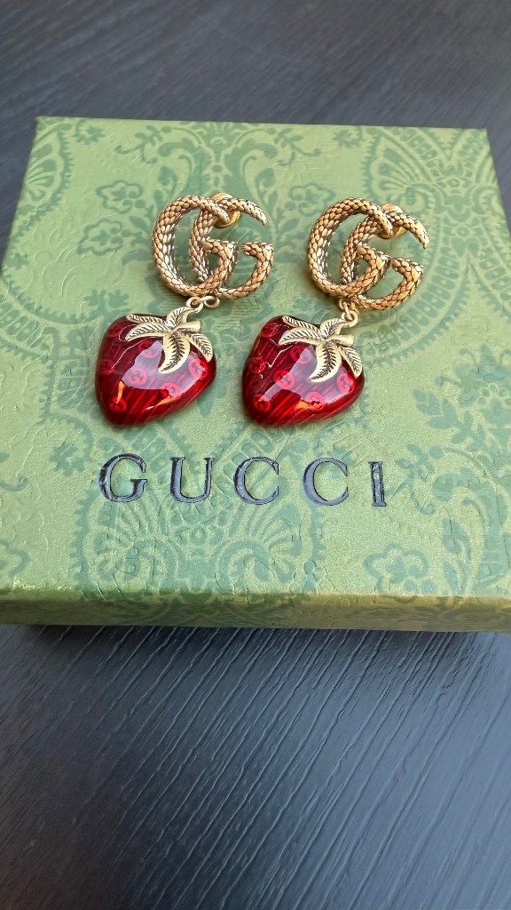Gucci strawberry dangle drop earrings gold tone