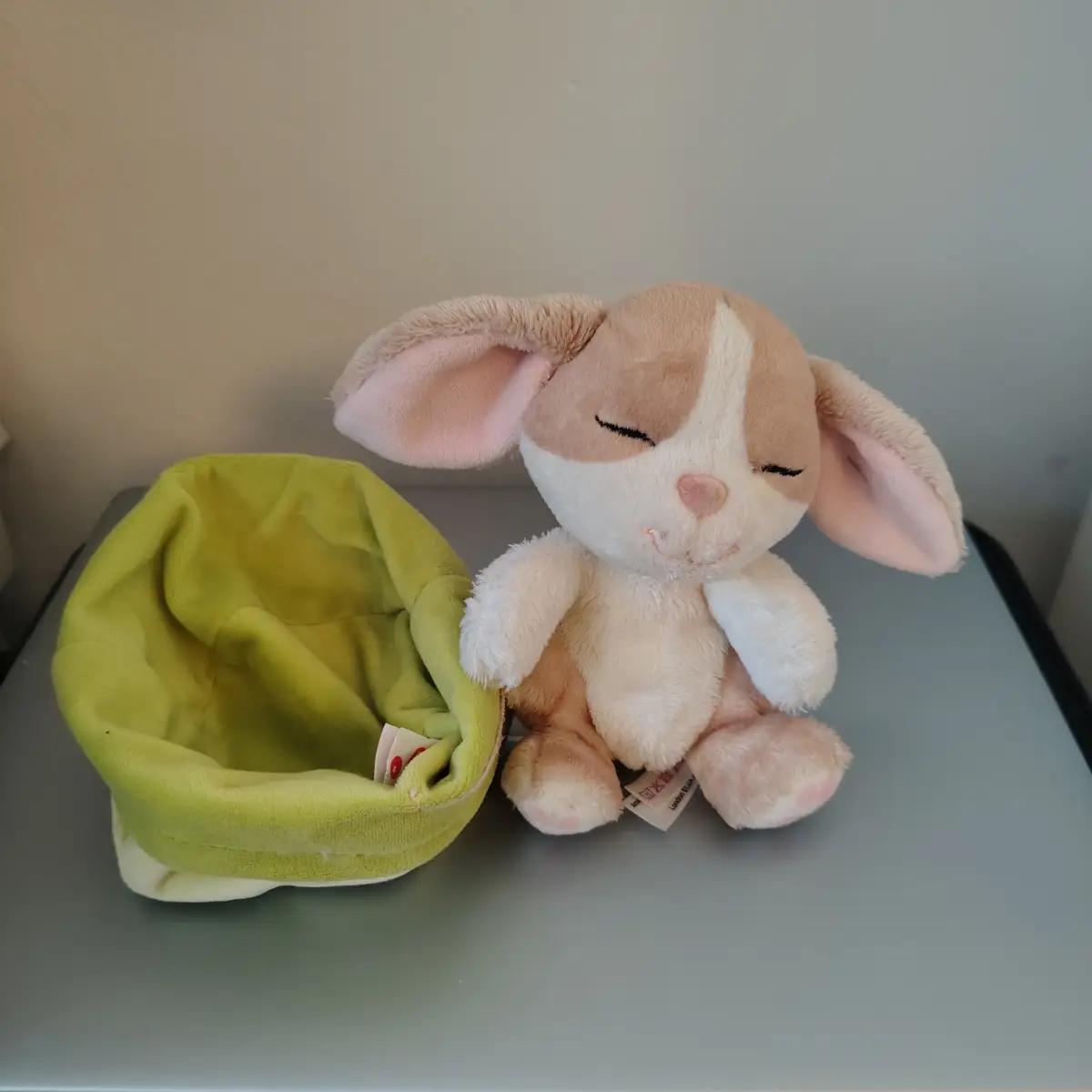 NICI Sleeping Pets Bunny Cappuccino Plush 12cm with Green Bed