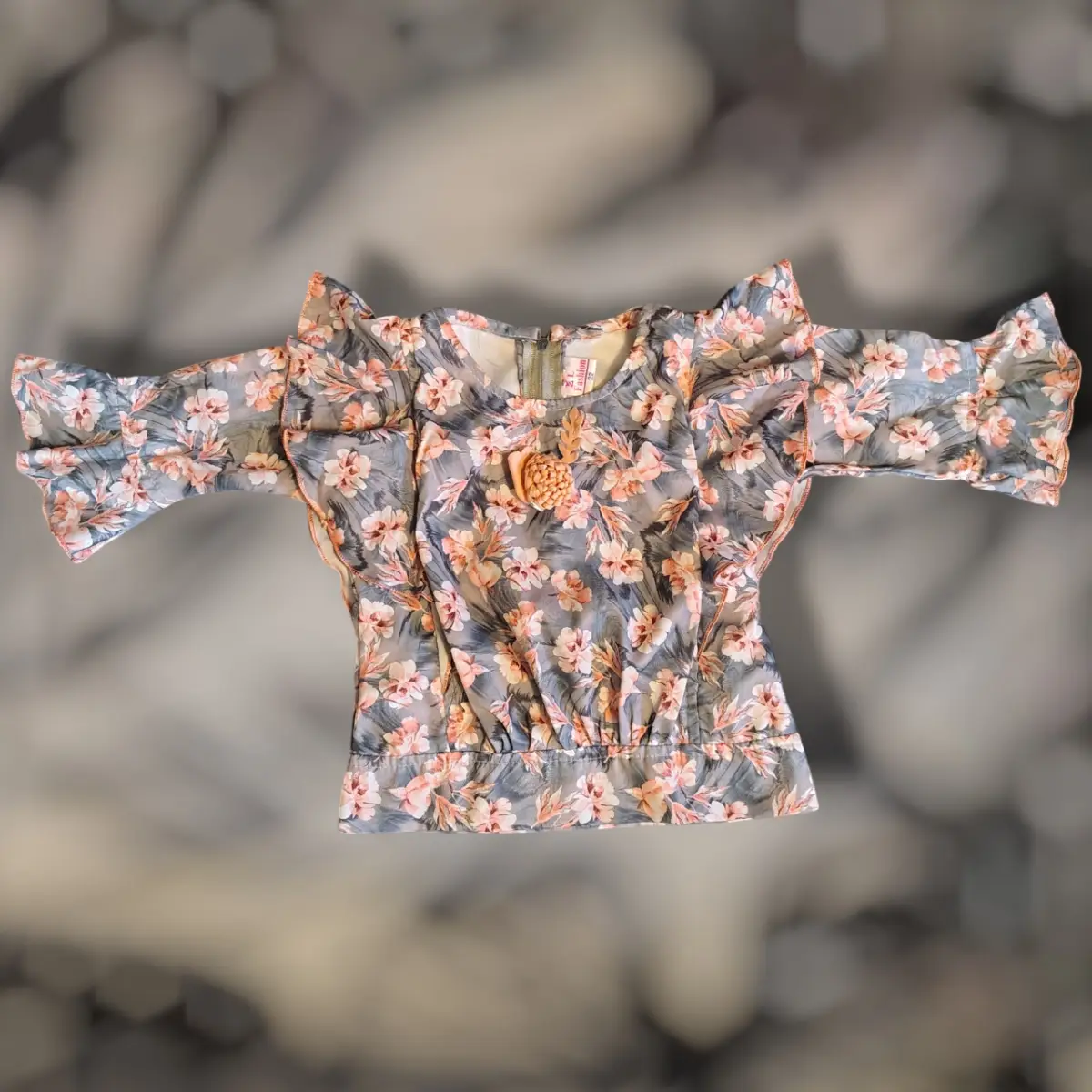 Girls Grey-Blue & Peach Floral Cold-Shoulder Ruffle Blouse