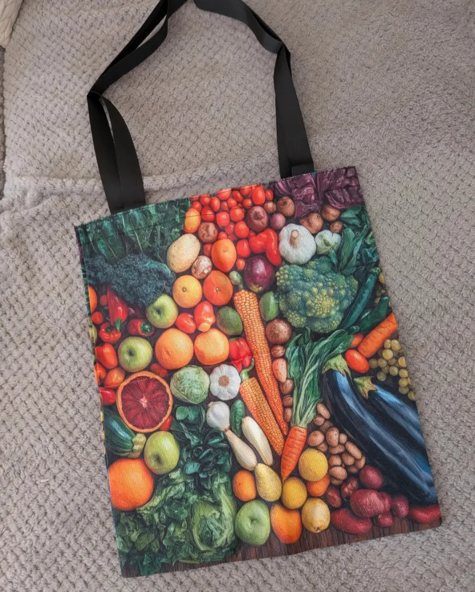 Fruit & Veg Collage Print Tote Bag • Colourful Produce Design • Eco Reusable Polyester Shopper • New