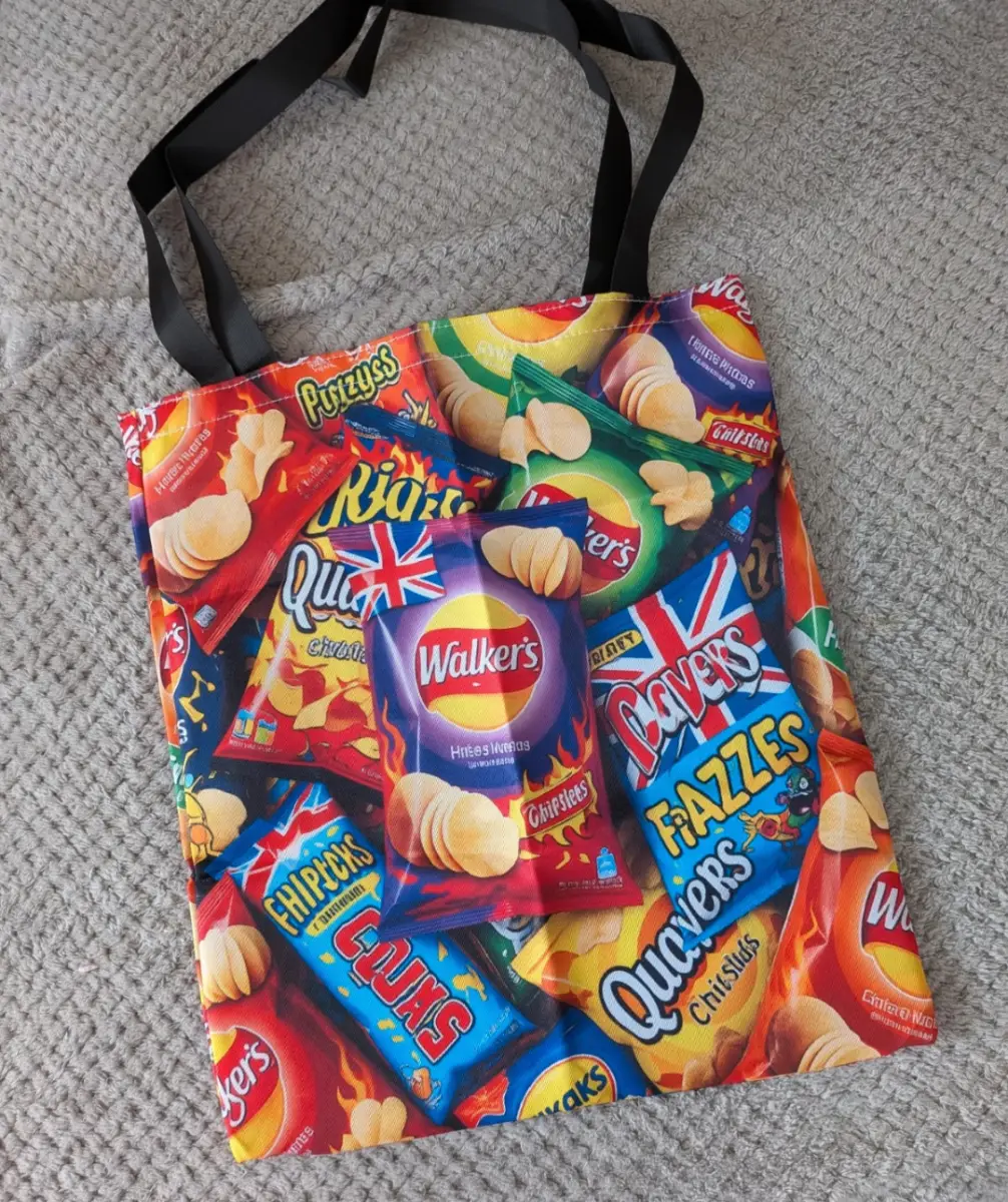 British Snacks Collage Tote Bag • Colourful Crisp Packet Print • Reusable Polyester Shopper • New