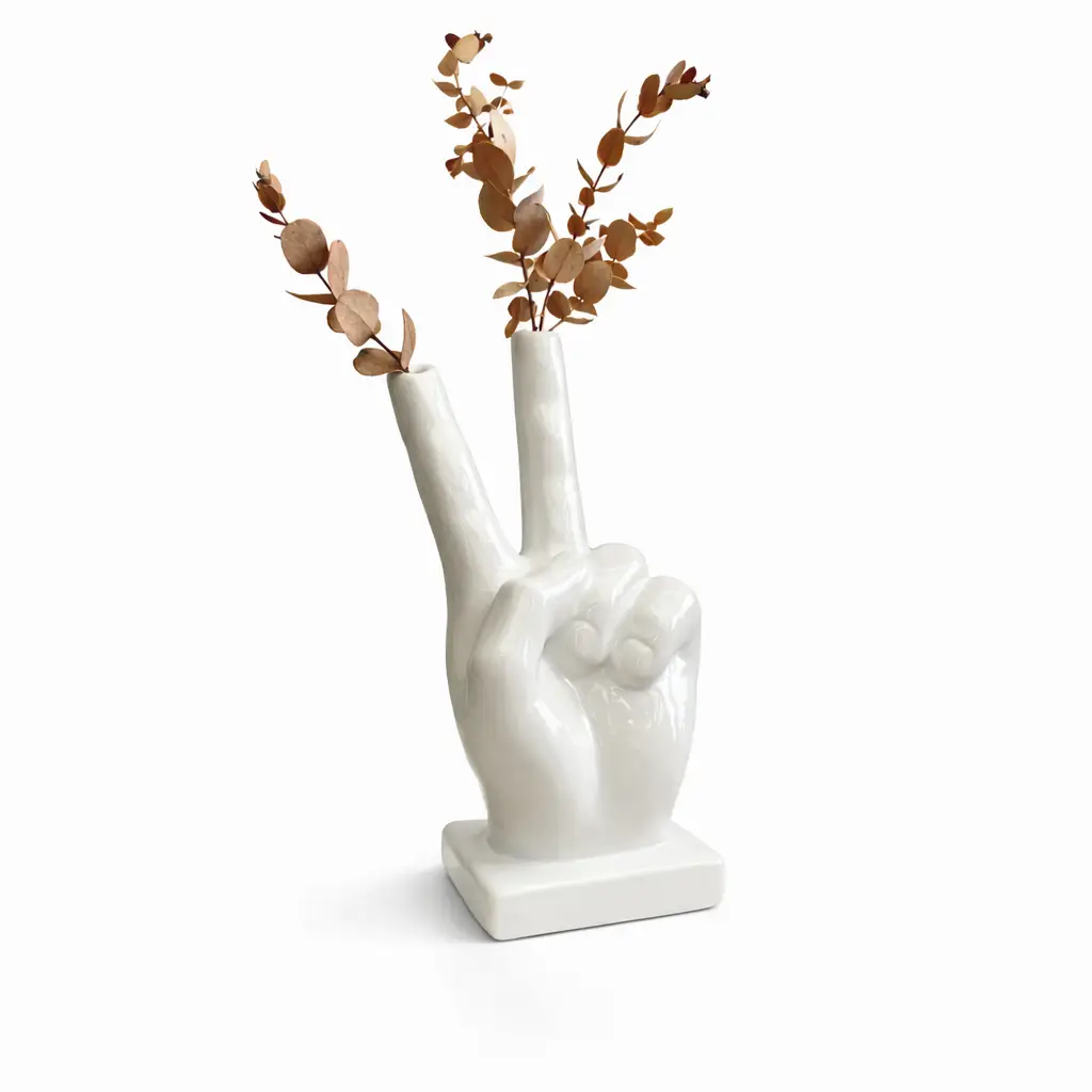 White Ceramic Hand Vase Peace Sign Gesture Modern Home Decor Planter Flower Vase