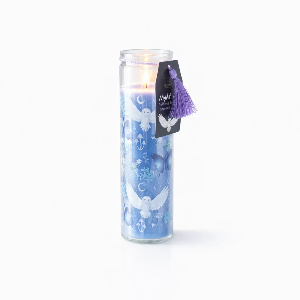 Night Owl Lavender Scented Candle Tall Glass Tube with Purple Tassel Moon Stars Celestial