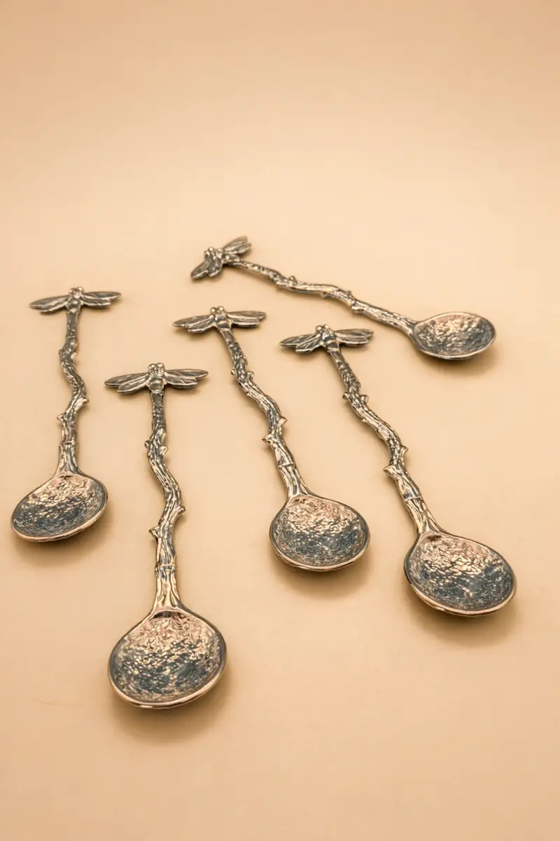 Set of 5 Dragonflys On A Branch Metal Spoons – Decorative Tea & Coffee Spoons - New
