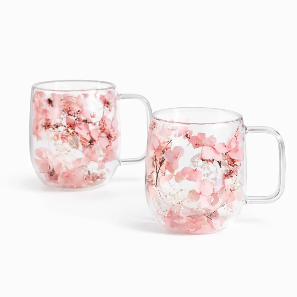 2 x Double Walled Glass Cup Tea Cups Decorated Flower Filling Insulated Clear Glass