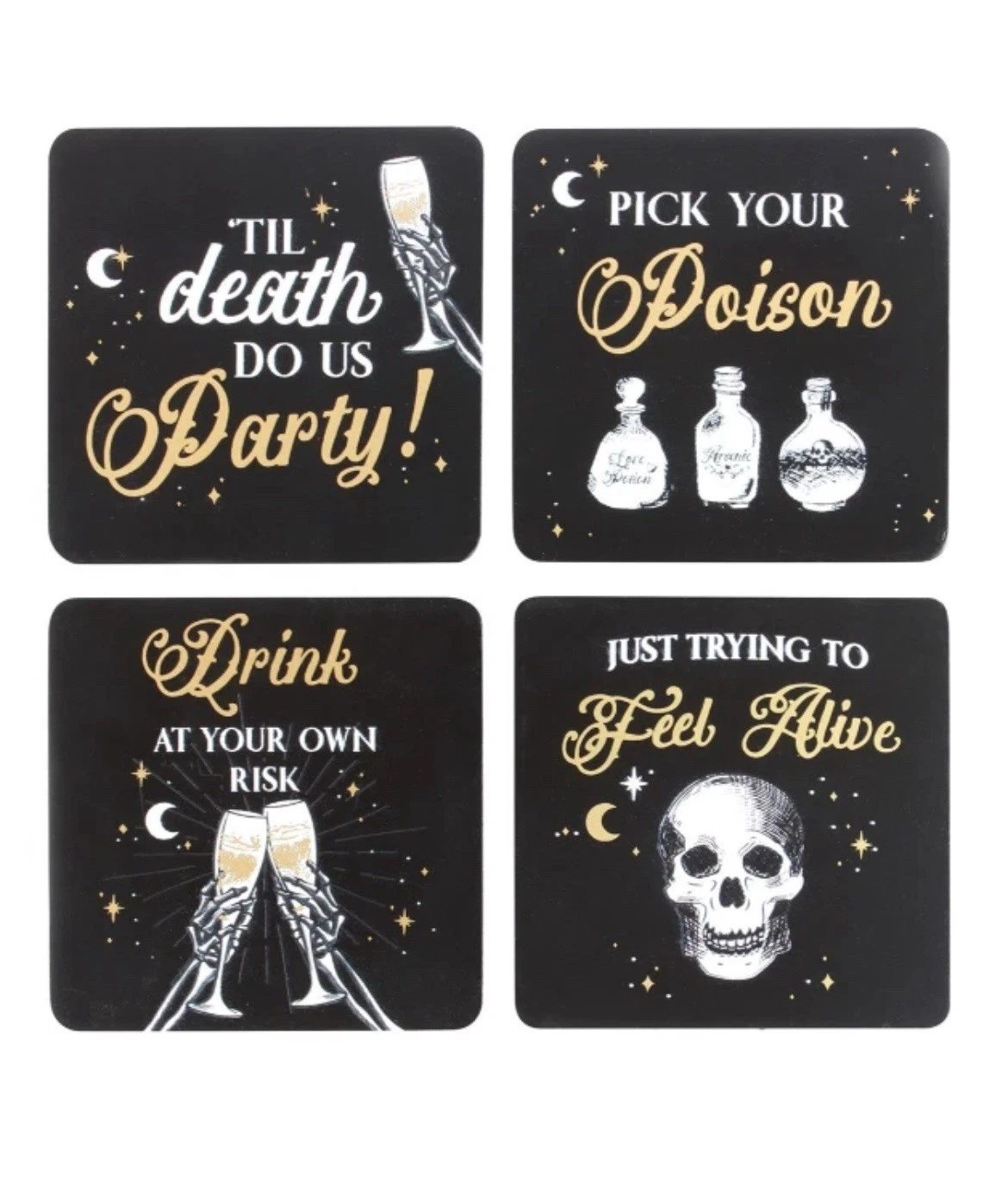 Gothic Coaster Set Skeleton Til Death Do Us Party Black Gold Drink Coasters Halloween Home Decor Poi
