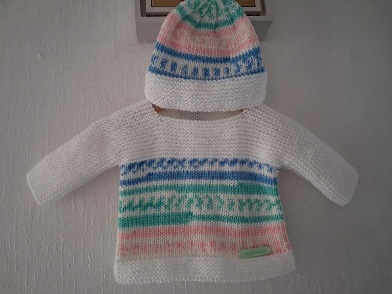 (K349) Gorgeous Unisex Hand Knitted Size 3 Months Baby Hat & Sweater Jumper Pullover Chest 18"