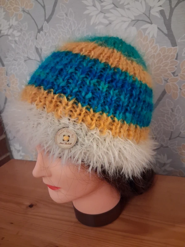 (KH27) Bespoke Hand Knitted Merino & Hairy Vintage Mohair Beanie/Bucket Hat With Shaggy Trim
