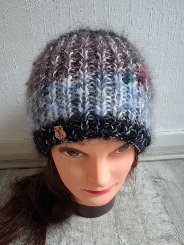 (KH19) New Unique Hand Knitted Merino & Hairy Vintage Mohair & Acrylic Mix Beanie Hat
