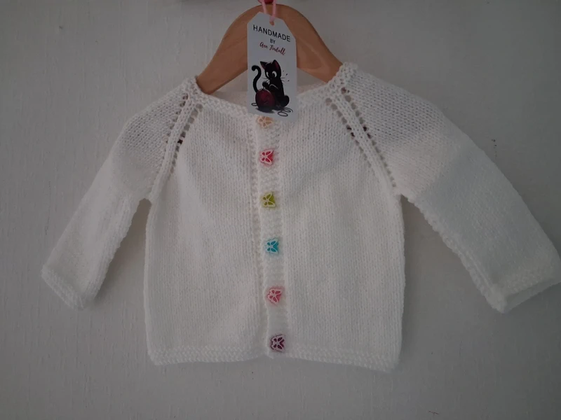 (K345) Size 6 months Chest 19" New Cute Handknitted White Baby Cardigan With Butterfly Buttons