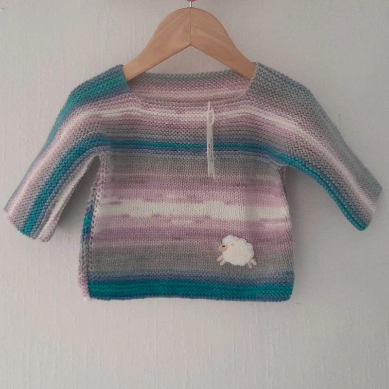 (K150) Bespoke Hand Knitted Size 9-12 Months Unisex Baby Pullover Jumper Sweater With Sheep Detail
