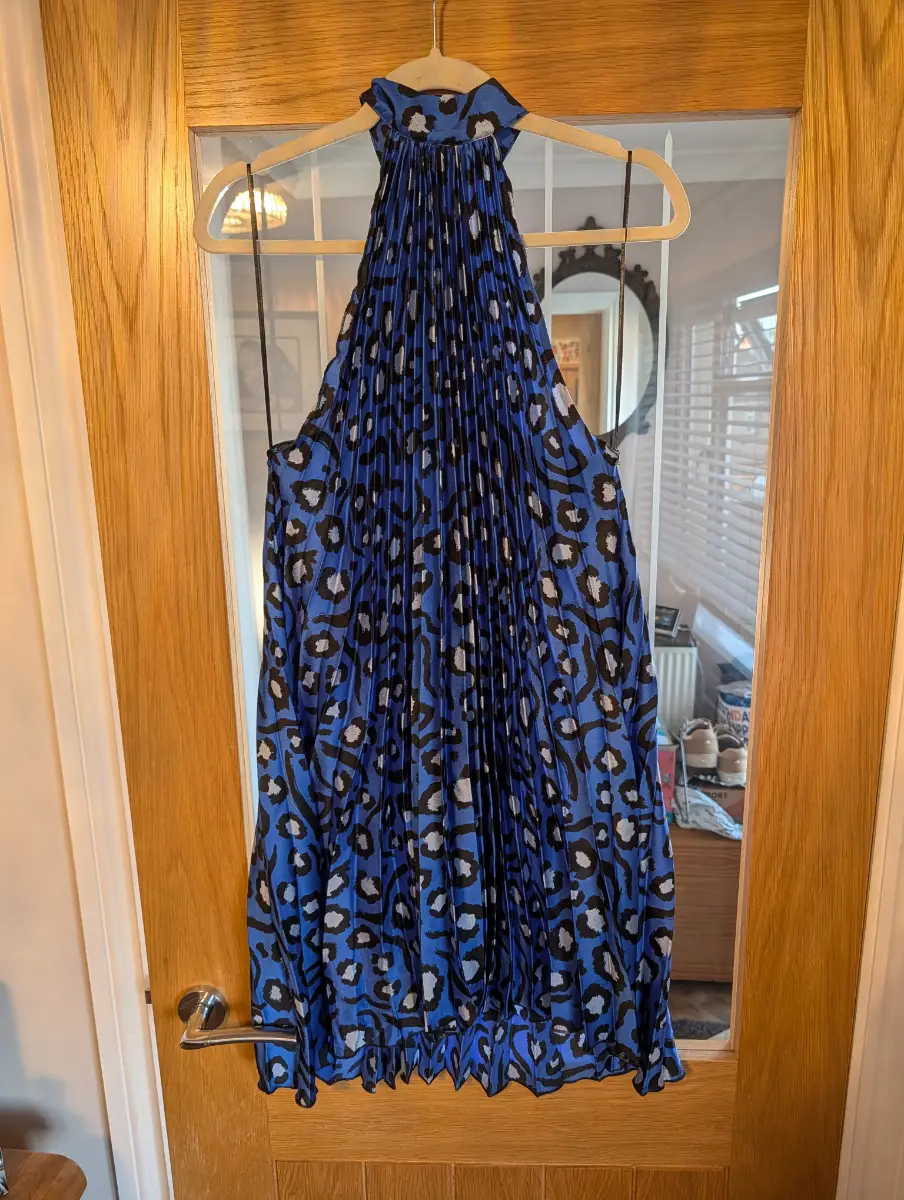 New Look Blue Leopard Print Pleated Halterneck Mini Dress UK 8 BNWT