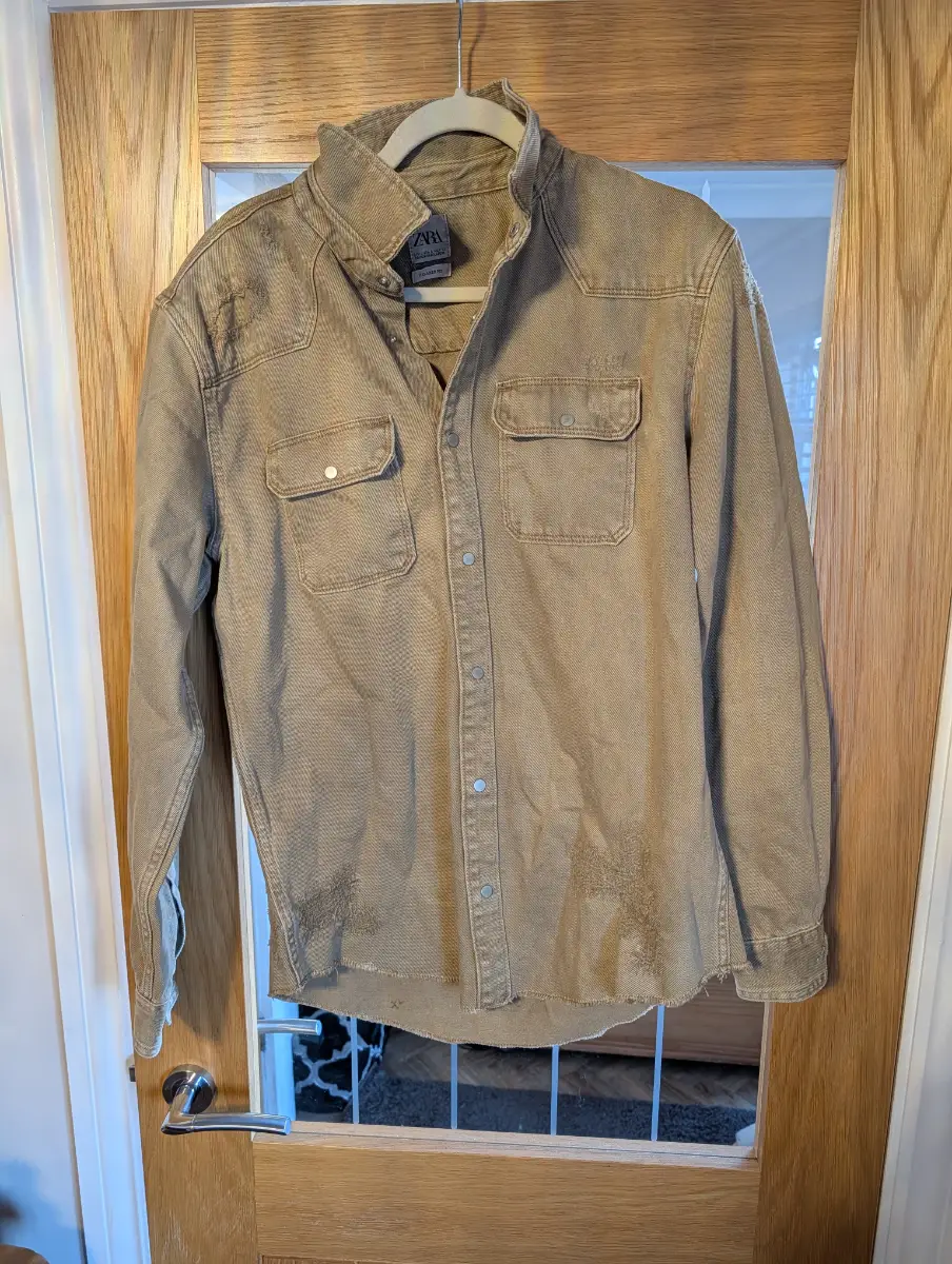 Zara Relaxed Fit Beige Distressed Overshirt Shacket Men's Large