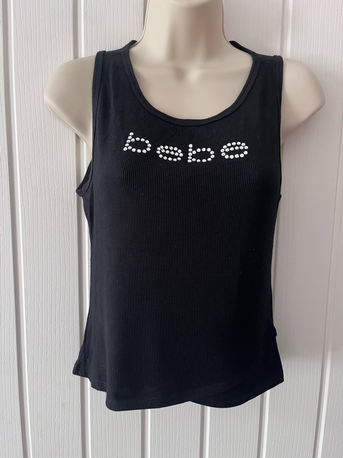 Vintage Y2K Bebe Rhinestone Logo Round Neck Ribbed Top size S