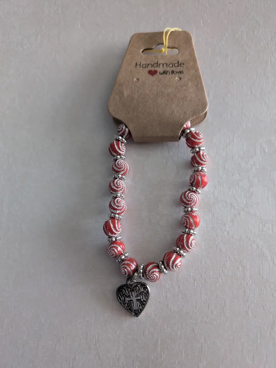 Beautiful handmade Red and Silver bracelet with a cross