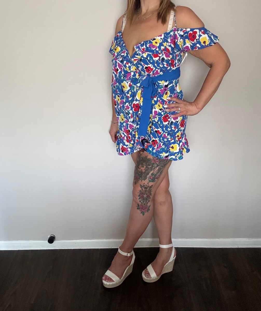 Topshop Petite Blue Floral Cold Shoulder Ruffle Wrap Mini Dress UK 12 / US 8