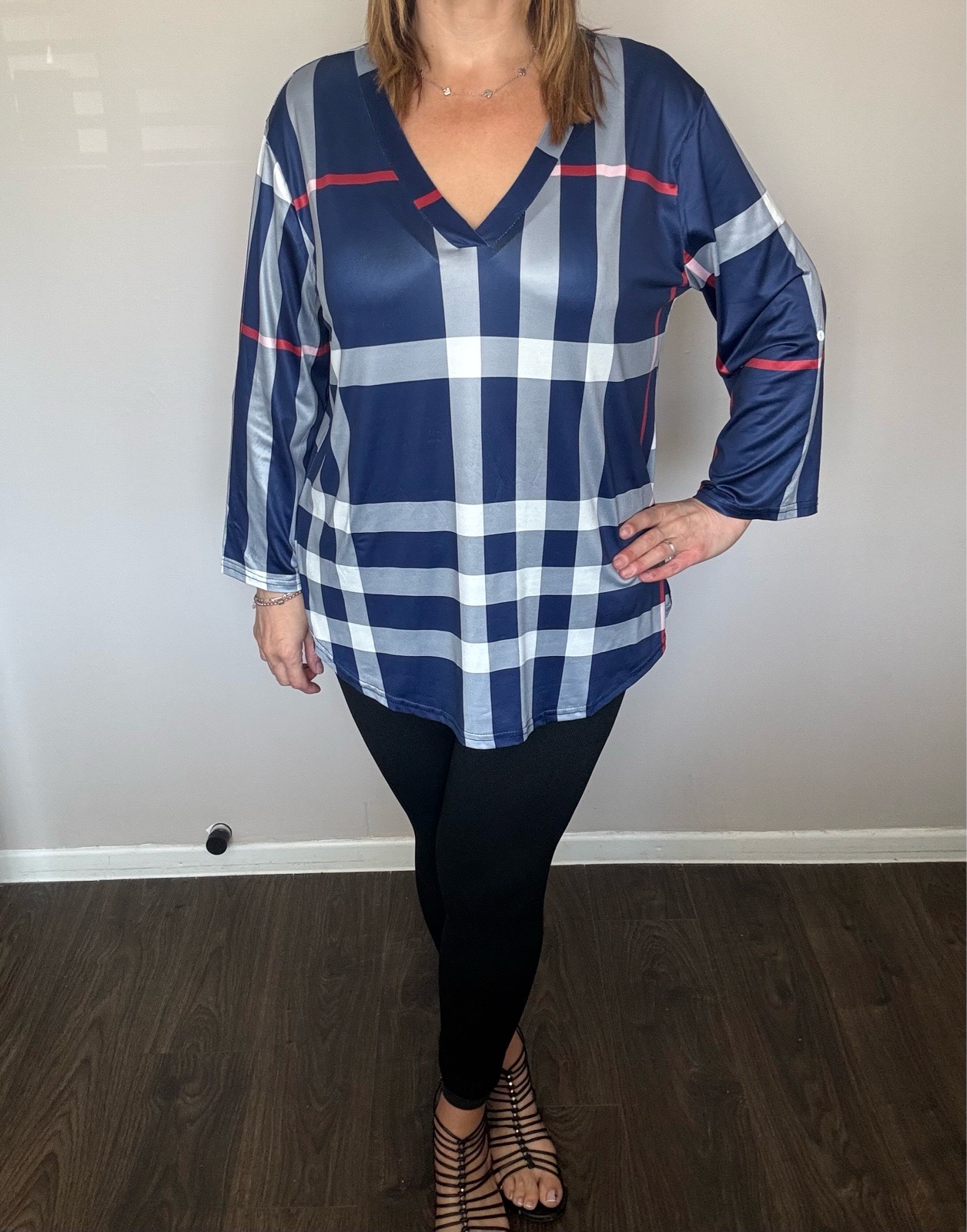 Shein Navy Blue Plaid V-Neck Blouse Tunic | Size 4XL (UK 22)