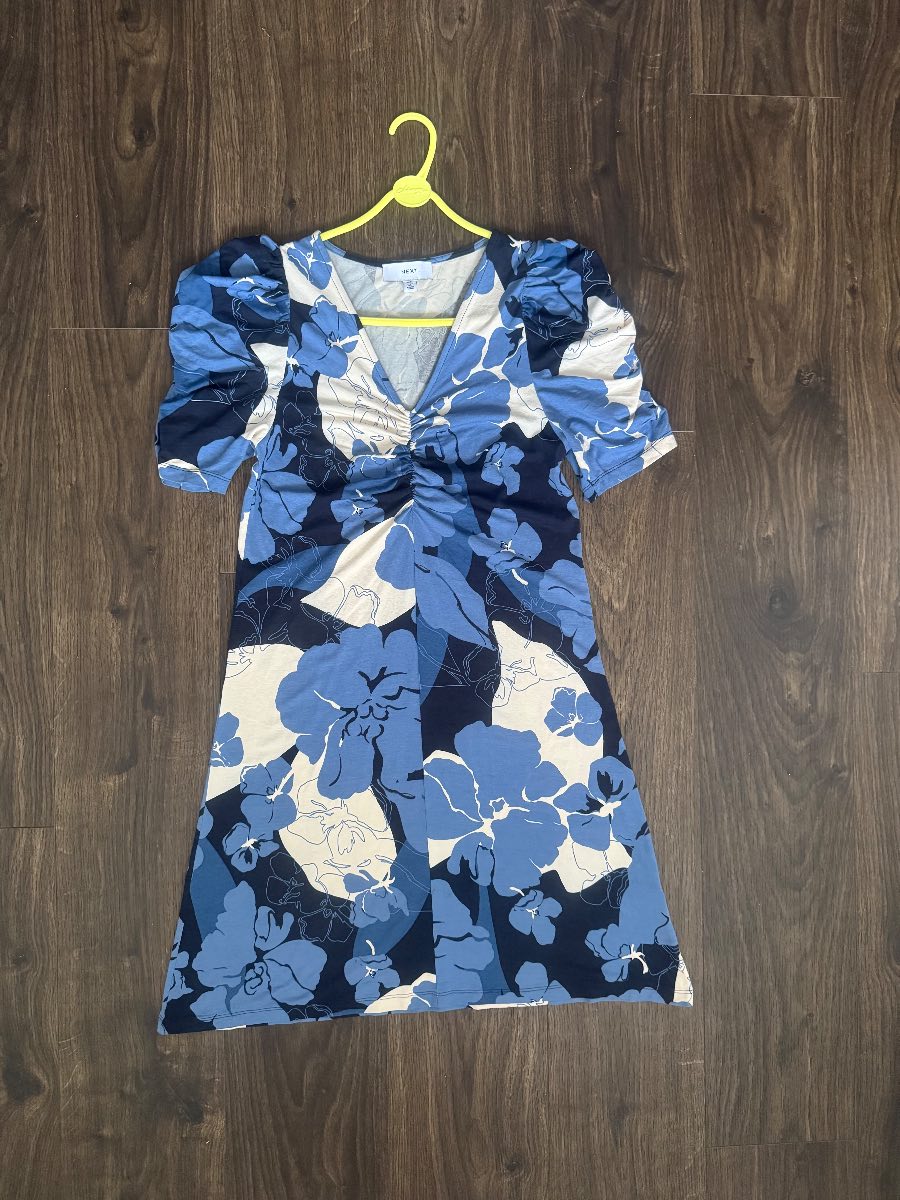 NEXT Blue Floral Ruched Mini Dress - Size 10