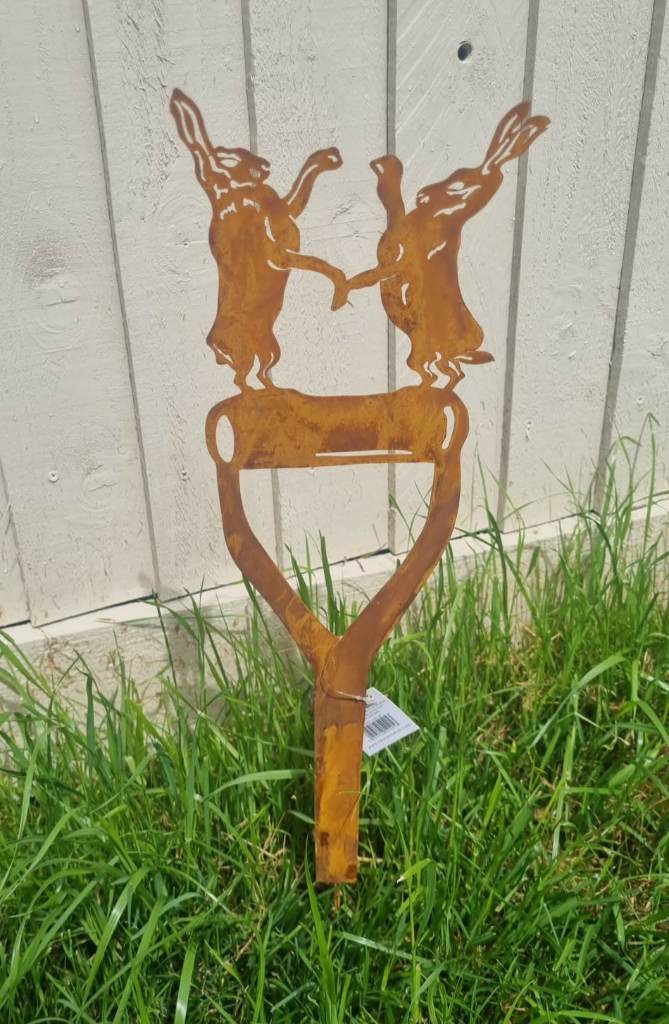 Boxing Hares metal rusty rustic garden laser cut stake BNWT